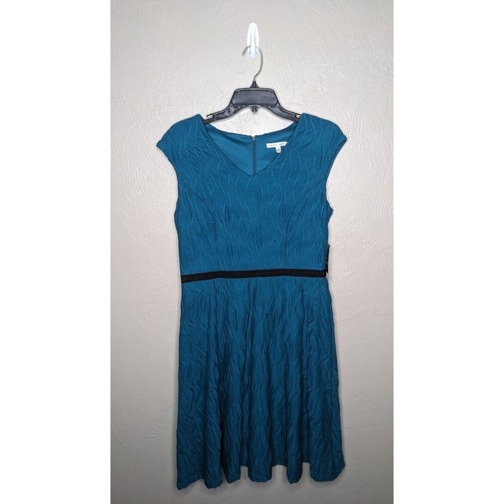 NWT Sandra Darren Womens 10 Teal Textured Print V-Neck A Line Dress